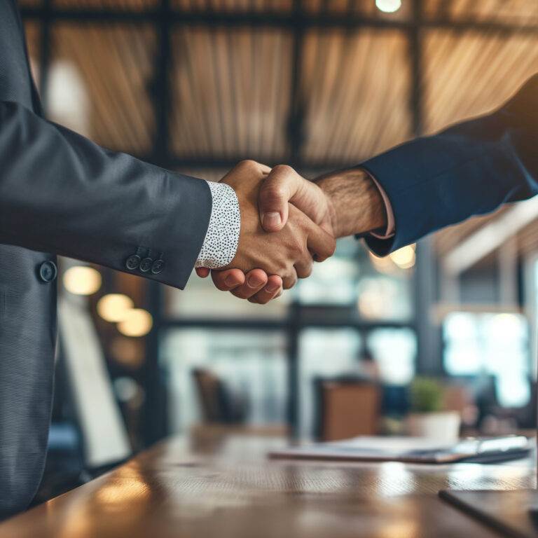 Two business professionals shaking hands, representing trust and confidentiality in M&A services.
