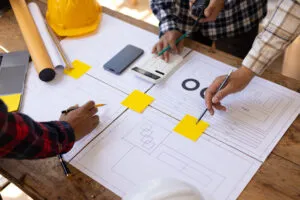 Engineers working on blueprints — concept related to M&A for architecture and engineering firms