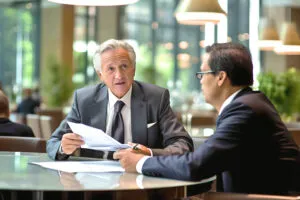 Two business partners discussing succession and sale terms during a meeting — concept for selling a business with multiple owners