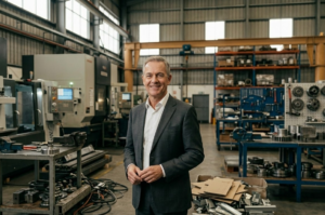 usiness owner standing in manufacturing facility evaluating company value